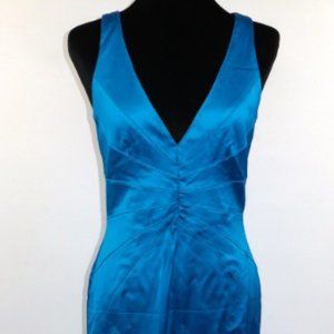 Papell Boutique Electric Blue Crossback Satin Column Gown w/Sunburst Seams Sz 10